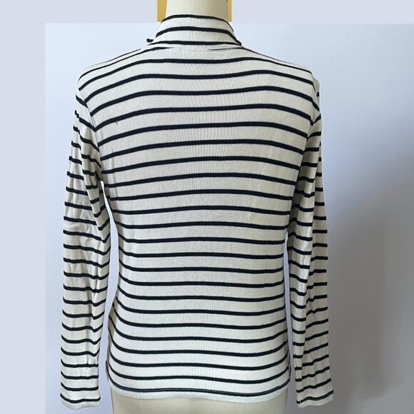LL Bean 1/4 zip long sleeve top cream w/ navy stripes 100% cotton women's small - Picture 3 of 5